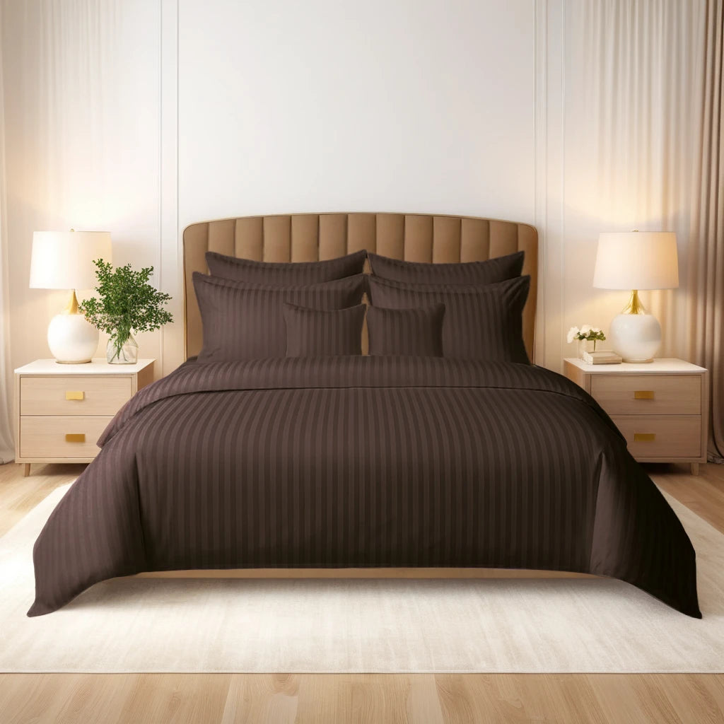 CHOCO BROWN SATIN STRIPE DUVET COVERS SET 8 PCS