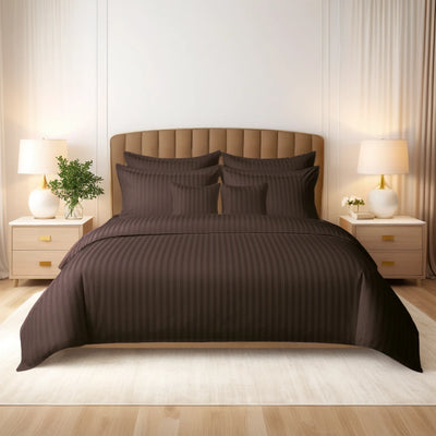 CHOCO BROWN SATIN STRIPE DUVET COVERS SET 8 PCS